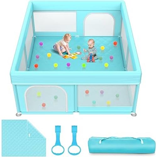 79x71 in Baby Playpen with Mat: Large Play Pen for Babies and Toddlers - Baby Gate Playpen with Soft Breathable Mesh - All-Wrapped Sponge Sturdy Safety Play Yard with 2 Handles & Bag Blue