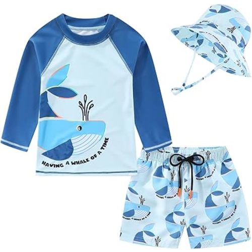 Toddlers and Baby Boys' 3-Piece Swimsuit Trunk Rashguard Set and Sun Hat Swimwear Bathing Suit Sunsuit Swim Shirt UPF 50+