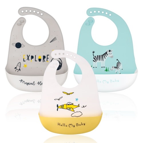 Yaoping 3 Pack Silicone Baby Bibs, Soft Silicone Feeding Bibs with Food Catcher Pocket, Waterproof, BPA Free