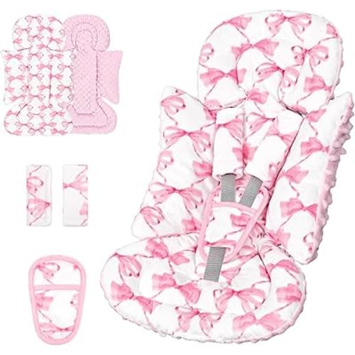 Infant Car Seat Insert, Soft Baby Car Seat Head & Body Support for Girl Boy, Reversible Newborn Preemie Carseat Insert Cushion with 3 Straps Pads, Fits Car Seat, Stroller, Swing, Bouncer, Pink Bow