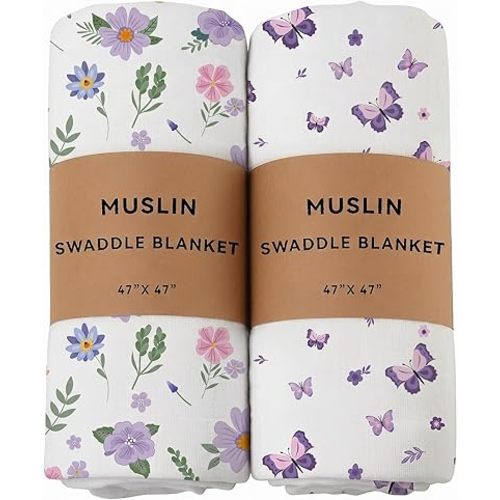 2 Pack Pink Bow Muslin Swaddle Blankets 100% Cotton Breathable Receiving Blankets Newborn Essentials for Baby Girl Soft and Large 47 x 47 Inches (Purple)