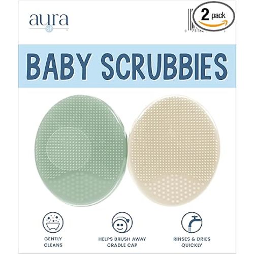 S&T INC. Exfoliating and Massaging Cradle Cap Bath Brushes for Baby, Silicone - 2 Inch x 2.5 Inch, Sage Green & Cream, 2 Pack