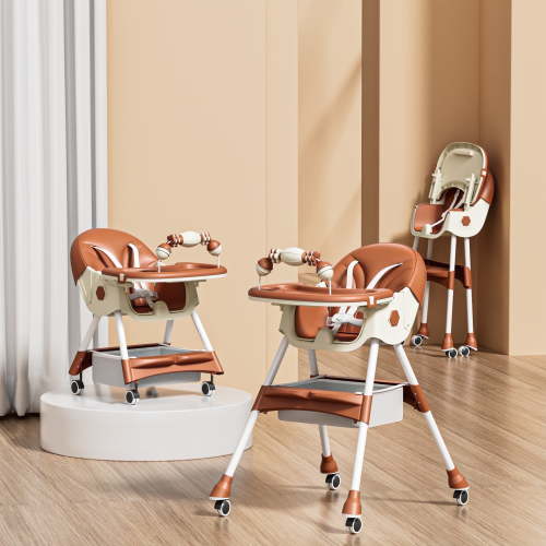 JieC Baby High Chair, 4 in 1 Convertible Highchair for Babies & Toddlers, Double Tray Dining Chair with 5-Point Harness & Silent Wheel,Brown