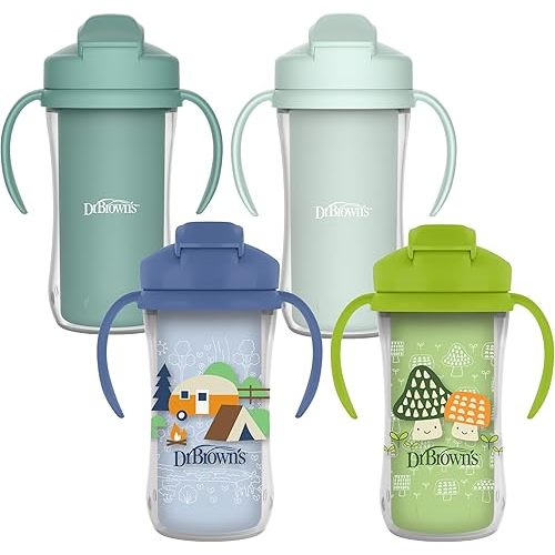 Dr. Brown's Milestones Insulated Sippy Cup with Straw and Handles, Spill-Proof Tumbler with Lid, 4-Pack, Green/Blue/Green/Green, 10 oz/300 mL, BPA Free, 12m+