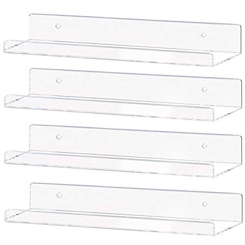 Weiai Clear Acrylic Shelf 15" Invisible Floating Wall Ledge Bookshelf, Kids Book Display Shelves Wall Mounted (15 Inch 4Pack)