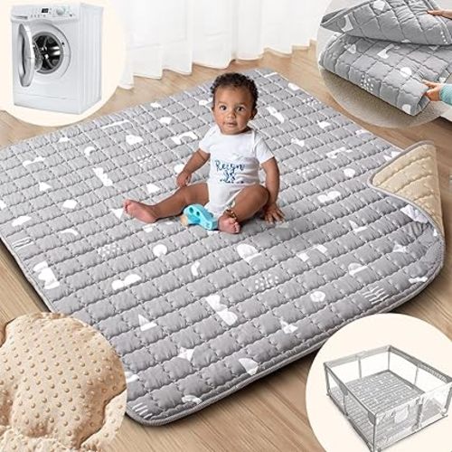 Baby Play Mat, 50x50 Playpen Mat with Super Soft Touch, Activity Mat with Upgraded Anti-Slip Bottom, Machine Washable Crawling Mat for Floor & Picnic (Boho Gray)