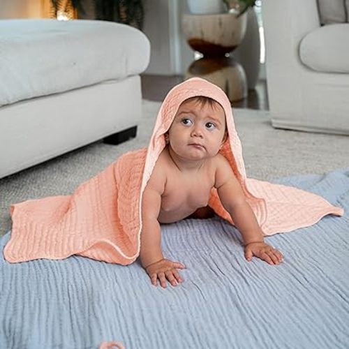 Comfy Cubs 2 Pack Baby Hooded 9 Layer Muslin Cotton Towel for Kids, Large 32” x 32”, Ultra Soft, Warm, and Absorbent. Baby Essentials Bath Towels, Cute Unisex for Girls and Boys (2 Pack, Lace Pink)