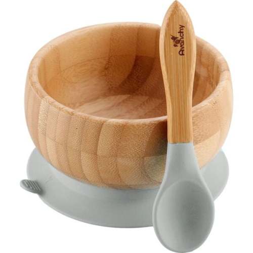Baby Bamboo Stay Put Suction Bowl + Spoon, Grey - Avanchy | Maisonette