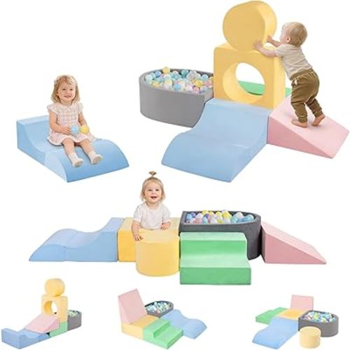 MIND&ACTION Toddler Climbing Toys Indoor, Baby Foam Climbing Blocks with Ball Pit for 1-3 Years Old, 6-Piece Soft Play Set Climbing Blocks, Climb Crawl Activity, Birthday (Balls not Included)