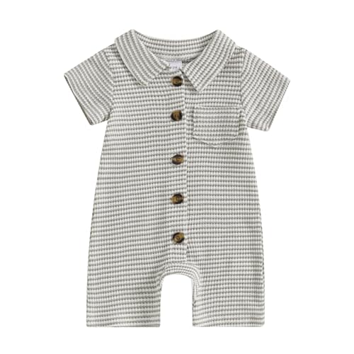 Tehgkeyd Newborn Baby Boy Clothes Striped Button Down Collared Romper Waffle Short Sleeve Jumpsuit Bodysuit One Piece Outfit