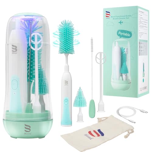 BLOSSED Electric Bottle Brush Cleaner with UV Light, Rechargeable Baby Bottle Brush Set for Travel, Waterproof Baby Bottle Cleaner with 2 Brush Head, Straw Brush, Pouch, Mixing Head and Storage Box