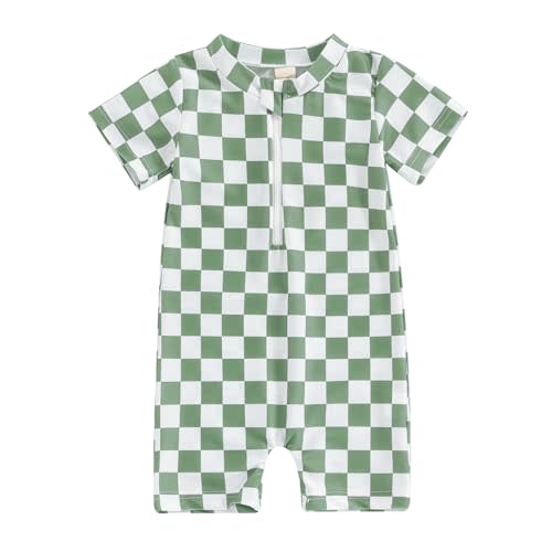 KtwHarnu Toddler Baby Boy Girl Swimsuit Checkered One Piece Swimwear Short Sleeve Zipper Rash Guard Beach Bathing Suit