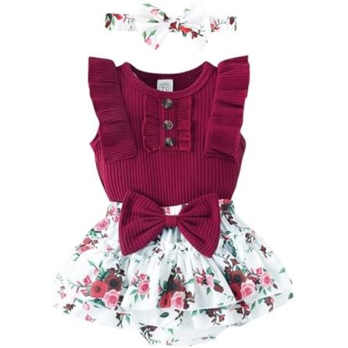 Baby Girl Clothes Newborn Infant Summer Outfits Ruffle Romper and Shorts with Headband Sets for 0-3-6-9-12-18 Months