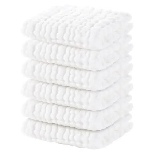 Yoofoss Muslin Baby Washcloths 100% Cotton Face Towels 6 Pack Wash Cloths for Baby 12x12in Soft and Absorbent Baby Wipes (White)