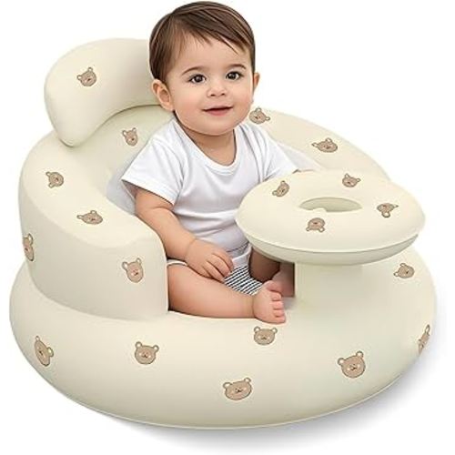Inflatable Baby Seat with Tray, Blow up Infant Chair for Babies 3 Months and up, Comfortable Baby Floor Seats for Sitting Up, Built in Air Pump with Back Support Toddler Waterproof Sofa (Bear)