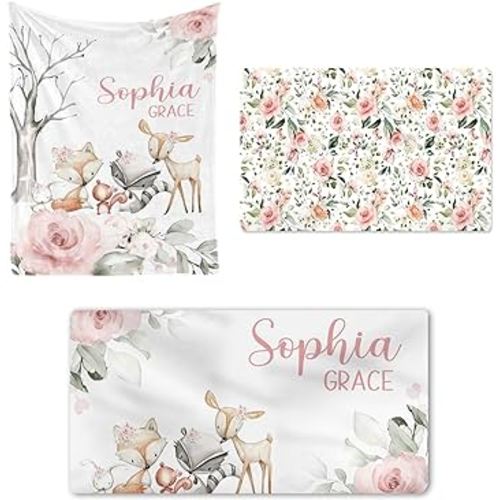 Personalized Crib Bedding Set for Baby, Custom Baby Crib Sets with Name, Nursery Bedding Set for Baby, 3 Piece Baby Crib Sets, Fitted Crib Sheets Blanket Changing Pad Cover Set, Pink Woodland