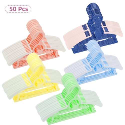 Nbpower Baby Hangers 50 Pack, 11"-14" Extendable Kids Hangers, Non-Slip Baby Hangers for Closet, Plastic Kid Hangers with Windproof Buckle, Baby Clothes Hangers for Pants Shirts Outfit, Mixed Colors