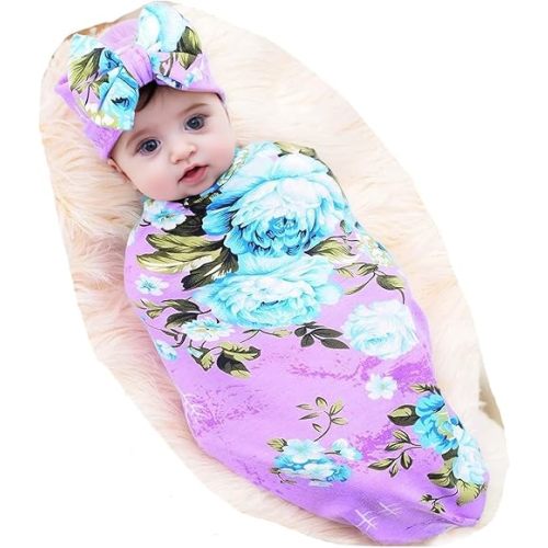 Galabloomer Newborn Baby Sleep Receiving Blanket and Bow Headband Set Baby Swaddle Blanket