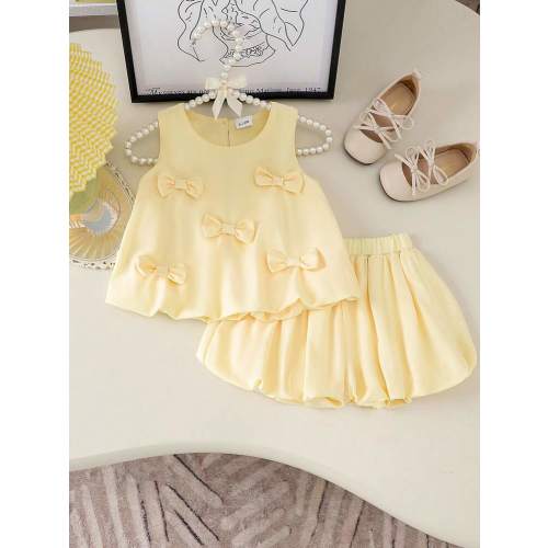 2pcs/Set Baby Girl Cute Solid Bow Decor Singlet And Ruffle Shorts Set, Summer | SHEIN USA
