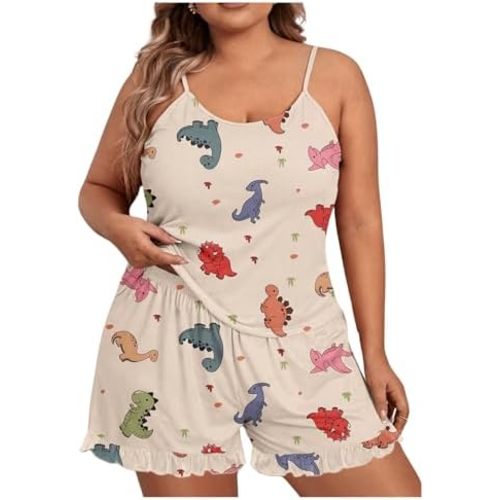 SOLY HUX Women's Plus Size Pajama Set Cute Cartoon Print Sleepwear Cami Top and Shorts Loungewear