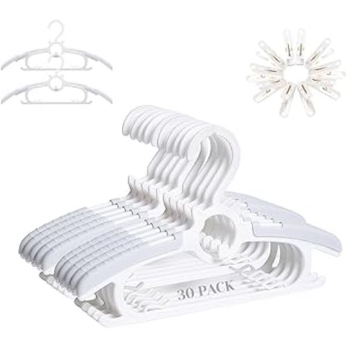 JSF 30Pcs Baby Hangers for Nursery Closet, Infant Hangers Extendable and Non-Slip for Newborn Toddler Kids Clothes,11"-14" Adjustable Children Coat Pant Hanger for Girl and Boy Nursery Grey