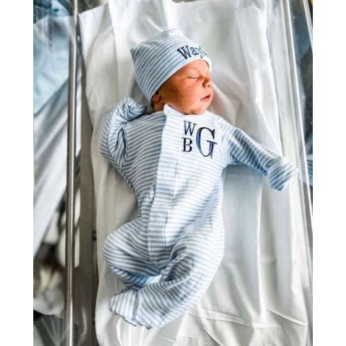Baby boy coming home outfit, Monogrammed footie, Personalized Baby gift, Monogrammed sleeper, pima cotton, newborn pictures, blue stripes