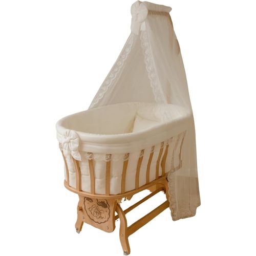 Natural Beech Wood Canopy Cradle with Cream French Lace Textile Set, Rocking & Locking Design, Complete Set with Mattress, Bedding, Pillow and Mosquito Net-37.8"×27.5"×59"