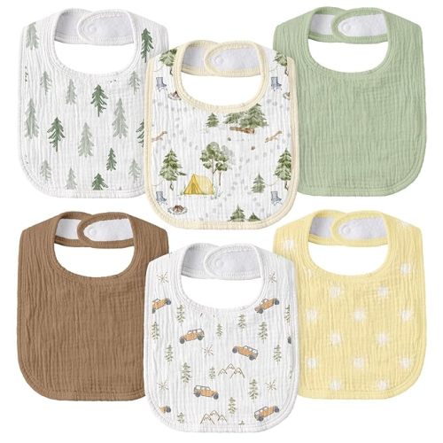 GLLQUEN BABY Muslin Drool Bibs for Boys Girls 6 Pack, Adjustable Baby Bibs for Drooling and Teething, Soft Cotton Baby Bandana Bib for Newborn Feeding Essentials (Cross-country Adventure)
