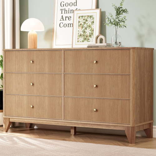 Fluted 6 Drawers Dresser, 54" Wide Modern Chest of Drawers with Round Corners, Wooden Dresser TV Stand, Wood Drawer Organizer for Bedroom, Living Room, Hallway$$Home Decor, Kitchen, & Other