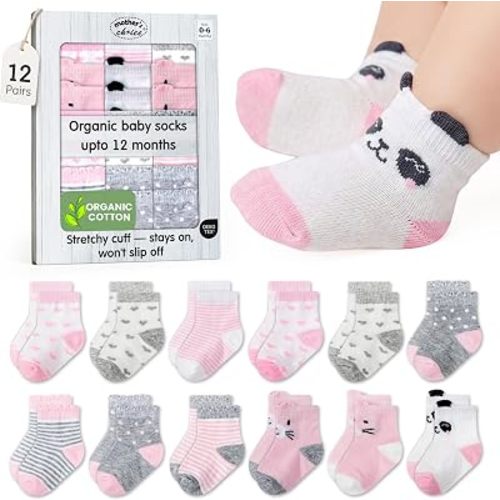 Mother's Choice Baby Socks 0-6 Months 12 Pairs Organic Cotton Blend Infant Socks Stay-On for Crawling & First Steps OEKO-TEX Certified Baby Gift