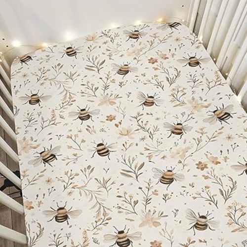 Vintage Bees Boho Flowers Baby Crib Sheets for Boy Girl 52x28Inch Retro Bees Floral Soft Stretchy Fitted Crib Mattress Cover Spring Summer Baby Sheet Fits Unisex Standard Bed and Toddler Mattress