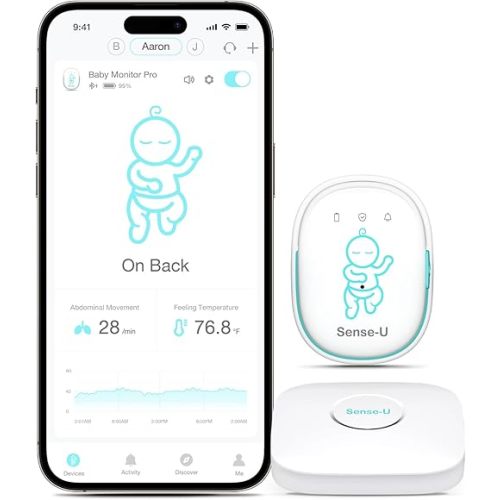 Sense-U Smart Baby Monitor Pro(Long Range) with Arousal Vibration, Audible & App Alerts Anywhere: Tracks Abdominal Movement, Rollover, Sleeping Position, Feeling Temperature, Wearable Sleep Monitor
