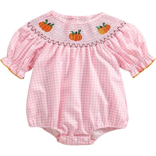Newborn Baby Girl Smocked Thanksgiving Outfit Infant Plaid Bubble Romper Embroidery Turkey Fall Clothes