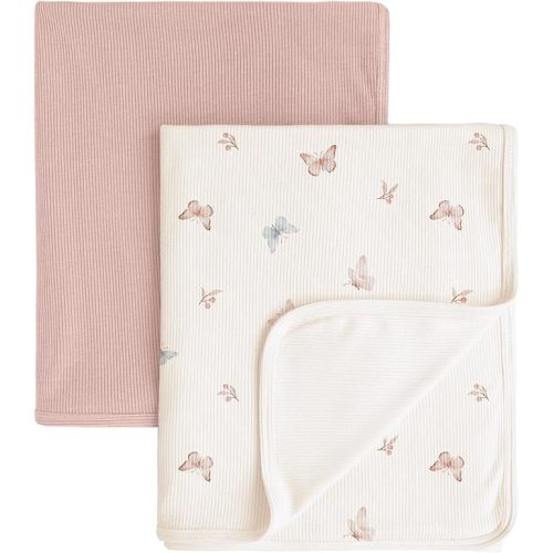 Konssy Knit Baby Blanket 2 Pack, Soft Ribbed Swaddle Receiving Blankets for Boys & Girls, Lightweight Cozy Swaddling Wrap for Newborns, Infants, & Toddlers, 33x42 Inch (Blue, Beige)