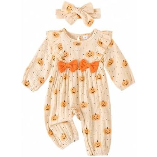 Newborn Baby Girl Halloween Clothes Puff Sleeve Cotton Linen Ruffle Pumpkin Print Jumpsuit Fall One Piece Outfits