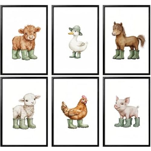 6Pcs Baby Animals Nursery Wall Art, Funny Farm Animal Picture Wall Decor, Cute Cow Duck and Horse Posters, Cottagecore Farmhouse Nursery Painting Print Artwork for Kids Room Baby Room, Unframed