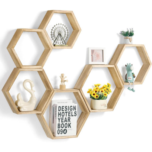 Gracie Oaks Hexagon Floating Shelves Wall Mounted Farmhouse Wood Storage Honeycomb Wall Shelf Set Of 6 Hexagonal Shelves Wall Home Decor Hexagon Shelves For Living Room Bedroom Office, Light Brown | Wayfair
