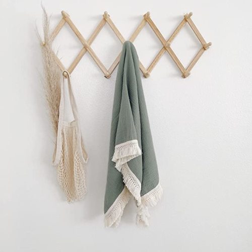 Muslin Cotton Baby Receiving Blanket with Fringe, Boho Bohemian Tassels, Nursery Decor, Boy or Girl Unisex Swaddle Wrap, Use as Throw or Nursing Fringed Blankets (Sage)
