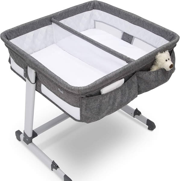 Simmons Kids By The Bed City Sleeper Bassinet for Twins - Adjustable Height Portable Crib with Wheels & Airflow Mesh, Grey Tweed