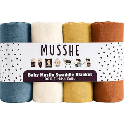 Muslin Swaddle Blankets - 4 Pack, 100% Organic Turkish Cotton Baby Blankets, Soft & Breathable Newborn Swaddles, Baby Wrap for Boys & Girls, Ideal for Sensitive Skin (4 Pcs, 40x40 Inch)