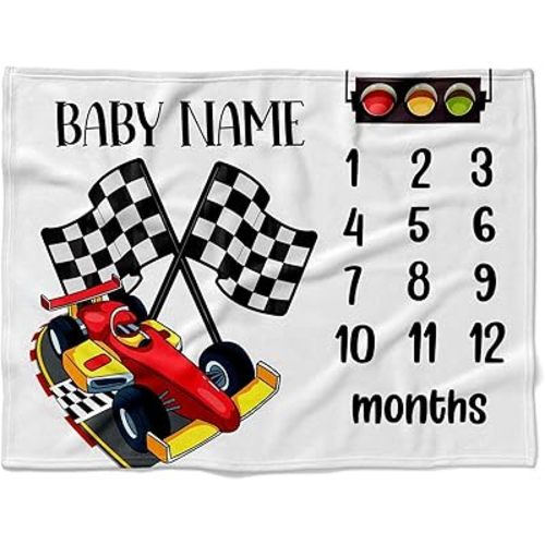 Personalized Racing Car Baby Blanket, Custom Name Speedway Monthly Milestone Throw, Checkered Flag Nursery Bedding, Fast Lane Newborn Photo Prop