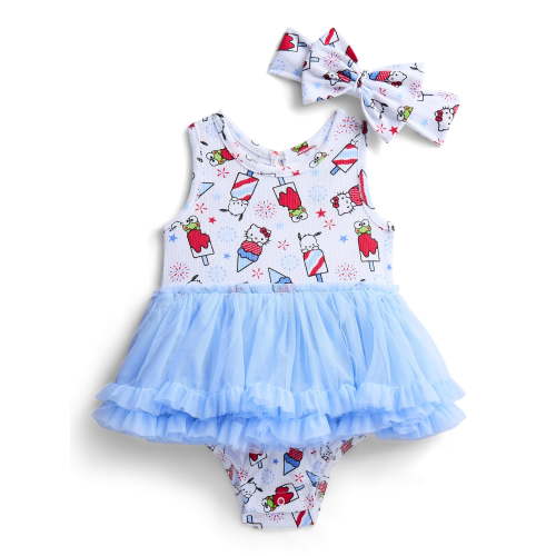 Hello Kitty & Friends Baby Girls Sleeveless Allover Print Tutu Dress with Matching Bow Headband, Sizes 0/3M-24M