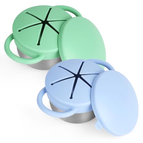 2 Pack Snack Cups for Toddlers Spill Proof - Detachable Stainless Steel Toddler Snack Cups with Silicone Lids & Handles - Dishwasher Safe Baby Snack Containers for Mess-Free Snacking (Blue and Green)
