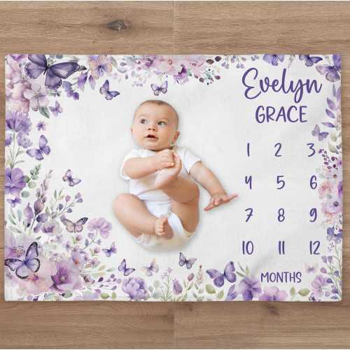 Purple Flowers Milestone Blanket, Personalized Baby Girl Month Blanket, Nursery Custom Newborn Growth Tracker, New Mom Baby Shower Gift