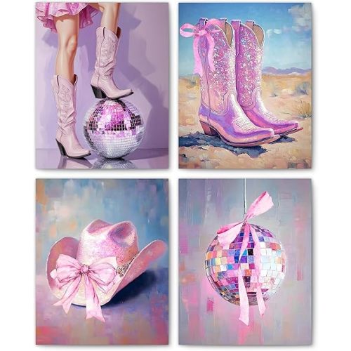 FITIE Trendy Retro Pink Western Cowgirl Wall Art Prints Set of 4, Cowgirl Room Decor, Funky Retro Pink Western Boots Disco Ball Wall Art Posters for Girls Dorm Bedroom Apartment Decor, 8x10 Unframed