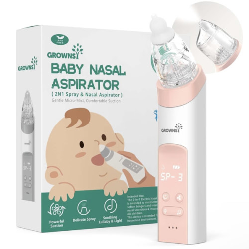 GROWNSY Nasal Aspirator for Baby, 2-in-1 Electric Nose Spray & Suction, Baby Nose Sucker with Powerful Suction, Music and Light Soothing Function, Pink