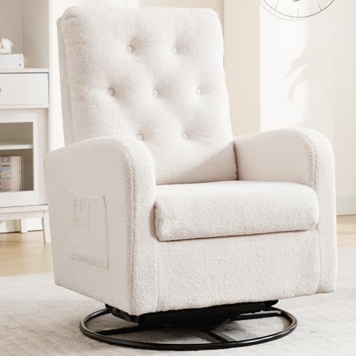 YUUIJOAA 360° Swivel Rocking Chair Nursery - White Glider Modern Accent Chairs Teddy Rocker Padded Armchair for Indoor Living Room Bedroom Maternity Breastfeeding Chair for Adults(White)
