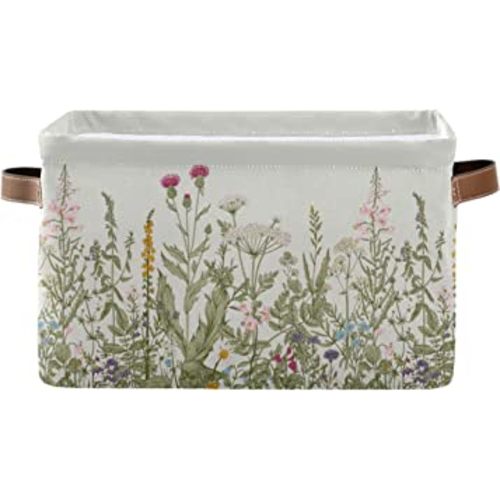 xigua Vintage Colorful Herbs Wild Flowers Floral Storage Basket Collapsible Toy Storage Bins Waterproof Canvas Storage Basket with Leather Handles for Home Closets Offices,Bedrooms,Kids Toy and Gift