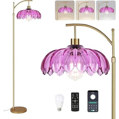 Floor Lamp for Living Room,Bedroom,Gold Dimmable Standing Lamp with Remote,Mid Century Modern Brass Tall Lamp Retro Vintage Purple Glass Lamp Floor Light Boho Bohemian