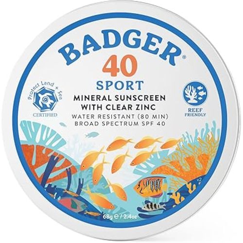 Badger Reef Safe Sunscreen Tin, Unscented SPF 40 Sport Mineral Sunscreen, 98% Organic Sunscreen, 80min Water Resistant Travel Size Hawaii Approved Sunscreen, 2.4 oz Tin